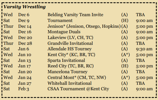 2023-24 Varsity Wrestling Schedule