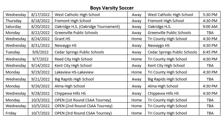 2022-23 Boys Varsity Soccer Schedule