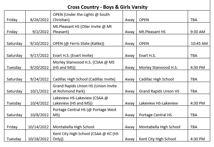 2022-2023 Cross Country Schedule