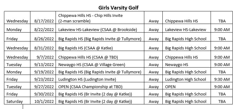 2022-23 Girls Varsity Golf Schedule