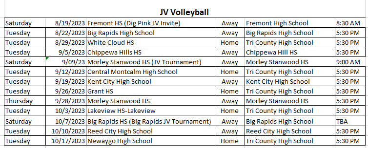 JV Volleyball Schedule