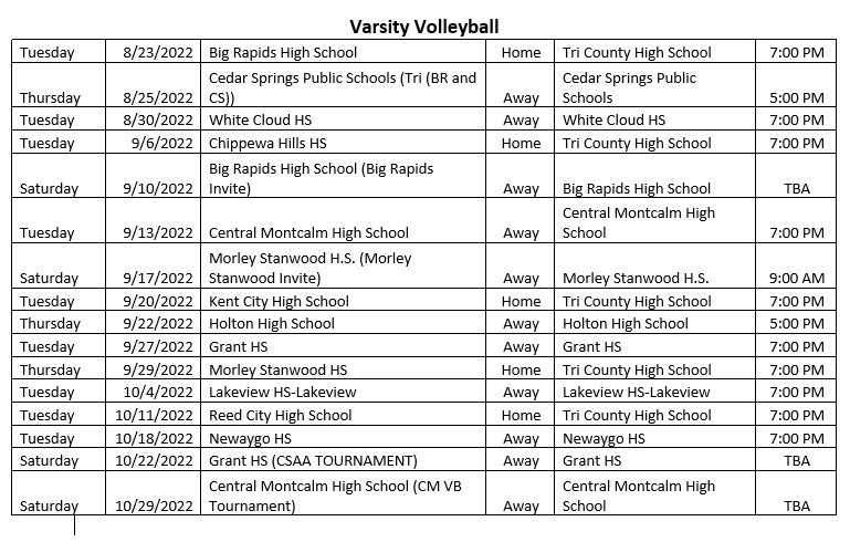 2022-23 Varsity Volleyball Schedule