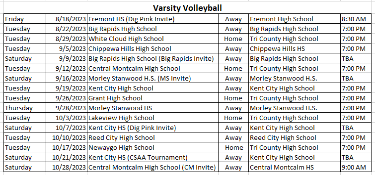 Varsity Volleyball Schedule
